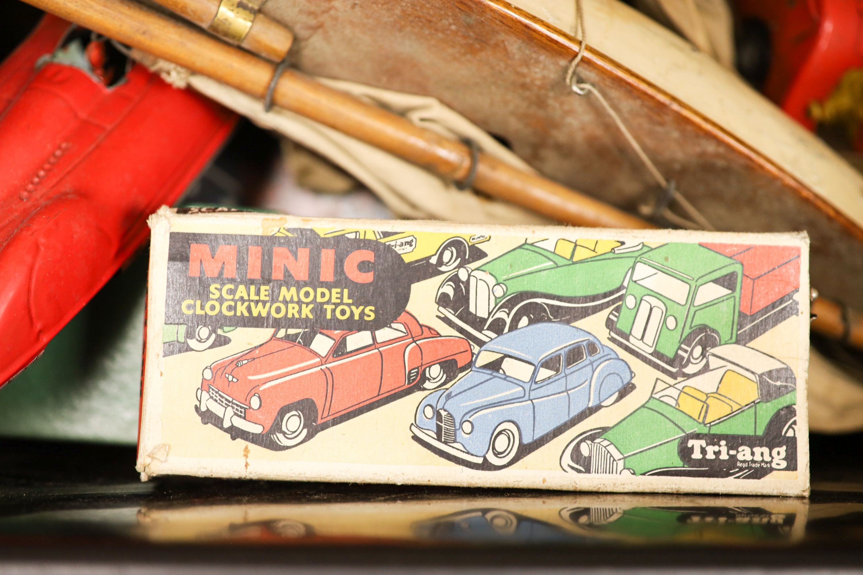 A box of Dinky cars, Hornby loco, Minic, Meccano etc